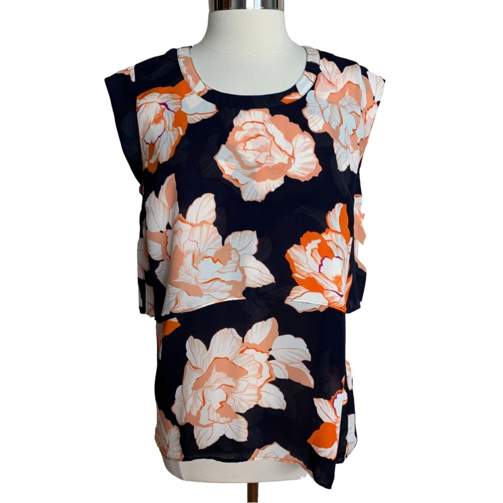 CAbi Navy Orange Floral Blouse Sleeveless Size Medium